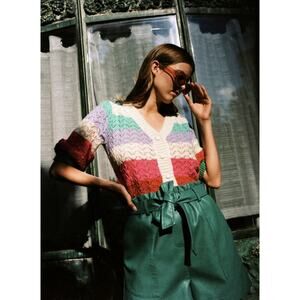 NWT FRNCH Evelyne Short Sleeved Tiered Multicolor Colorblock Cardigan Retro Sz L